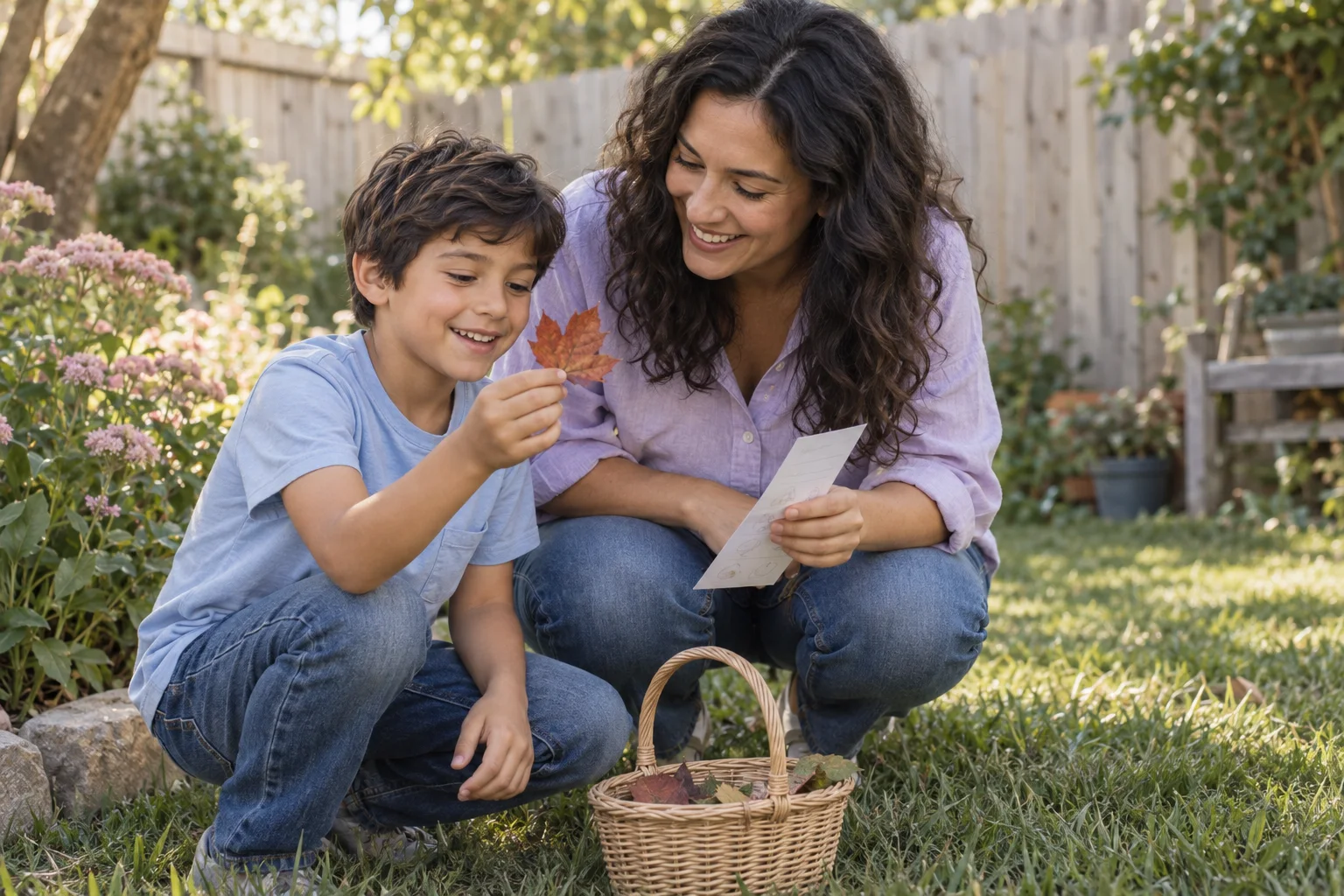 A mother and son discovering a fallen leaf together on a backyard scavenger hunt