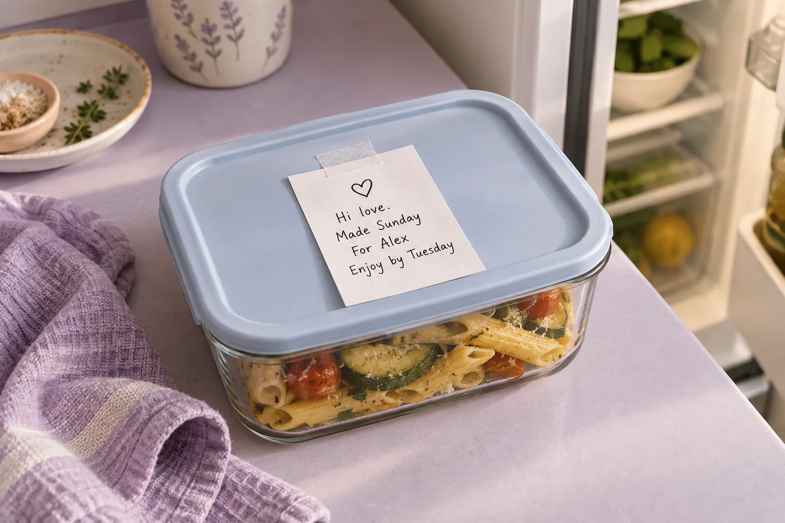 A meal saved in a blue-lidded container with a note saying Hi love, made Sunday, for Alex, enjoy by Tuesday